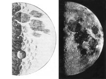 A la izquierda, dibujo de la Luna realizado por Galileo y recogido en "Siderus Nuncius"; a la derecha, fotografía actual.  